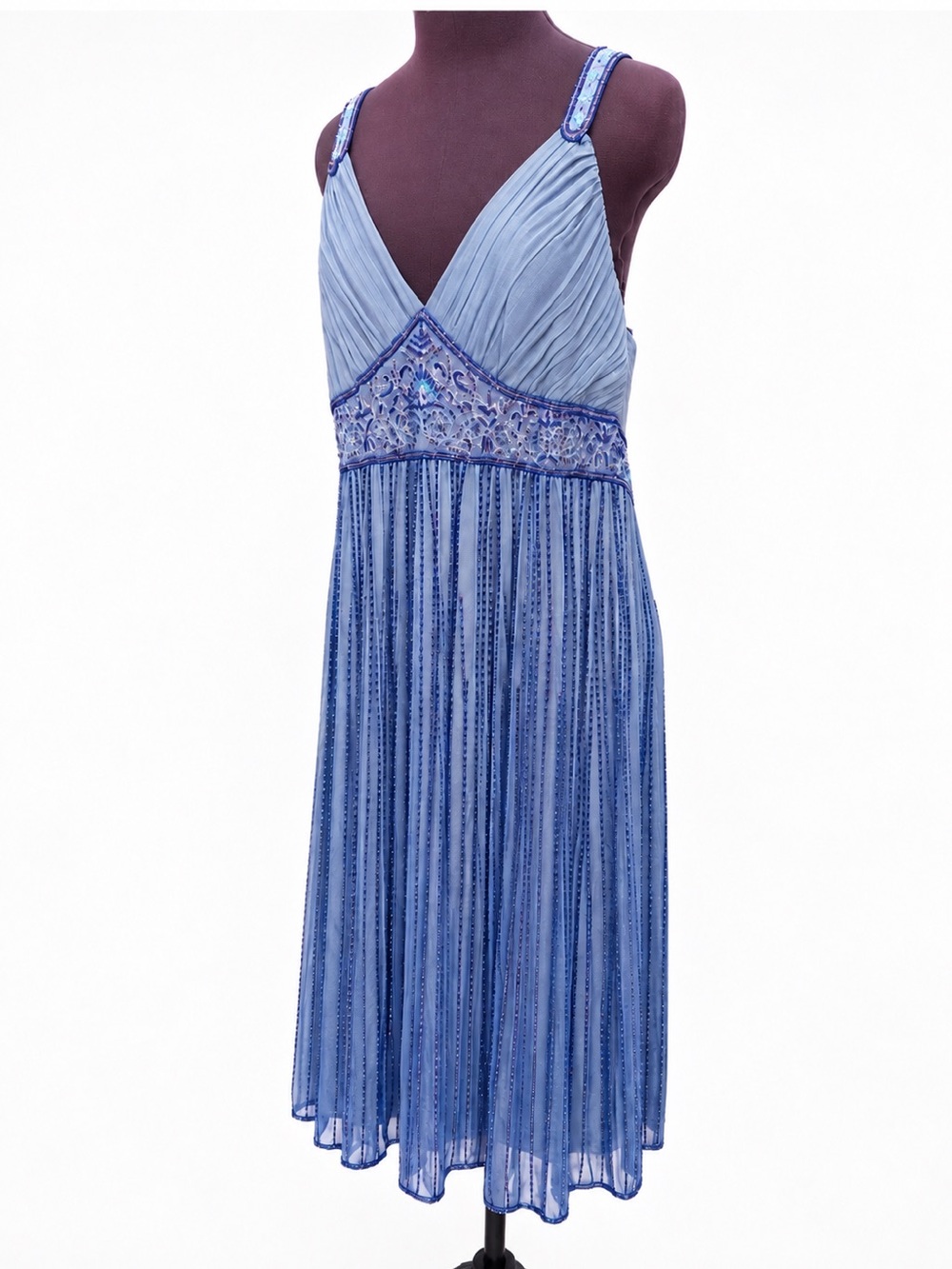 Vintage 100% Silk Heavily Beaded Blue Evening Gown Dress Y2K Prom Cocktail